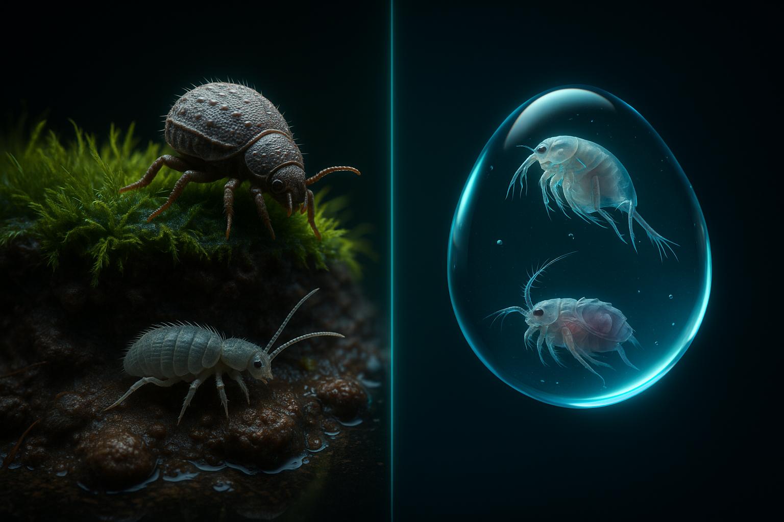 Makroreálna 3D scéna: pôdna vrstva s machom, koreňmi a drobnými článkonožcami pri kvapke vody.