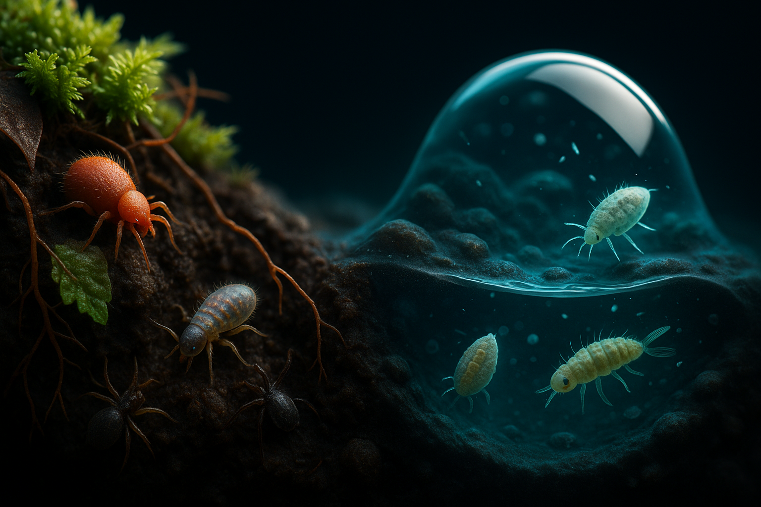 Makroreálna 3D infografika: pôda vs. voda s mikrofaunou.