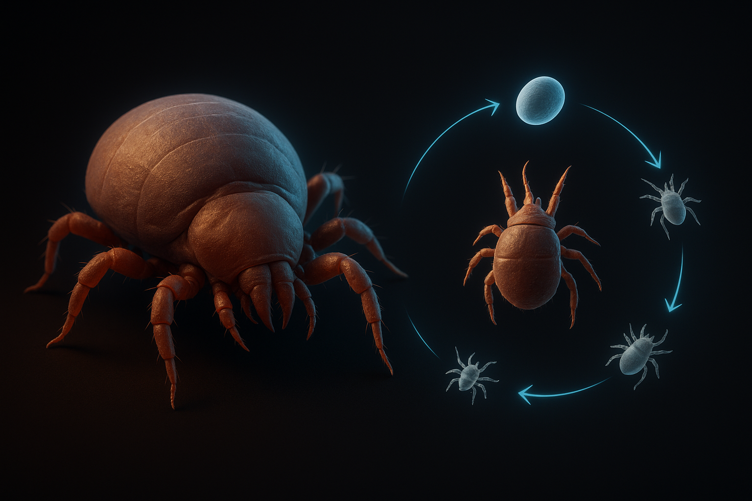 Makroreálna 3D schéma: roztoč — hlavohrud, bruško, chelicery, osem nôh, chitín.